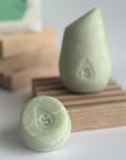 The green mini hibar maintain shampoo leaning on a soap dish in front of the full size shampoo bar.
