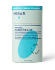 A blue paper deodorant tube with a blue oval hibar branding on it in the aloe and sea moss scent in the sensitive formula. 