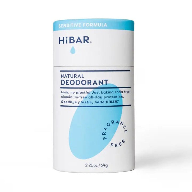 A white paper deodorant tube with a blue oval hibar branding on it in the fragrance free sensitive formula. 