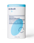 A white paper deodorant tube with a blue oval hibar branding on it in the fragrance free sensitive formula. 