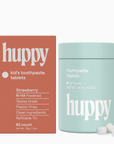 huppy kids' toothpaste tablets packaging and mint green container on a white background