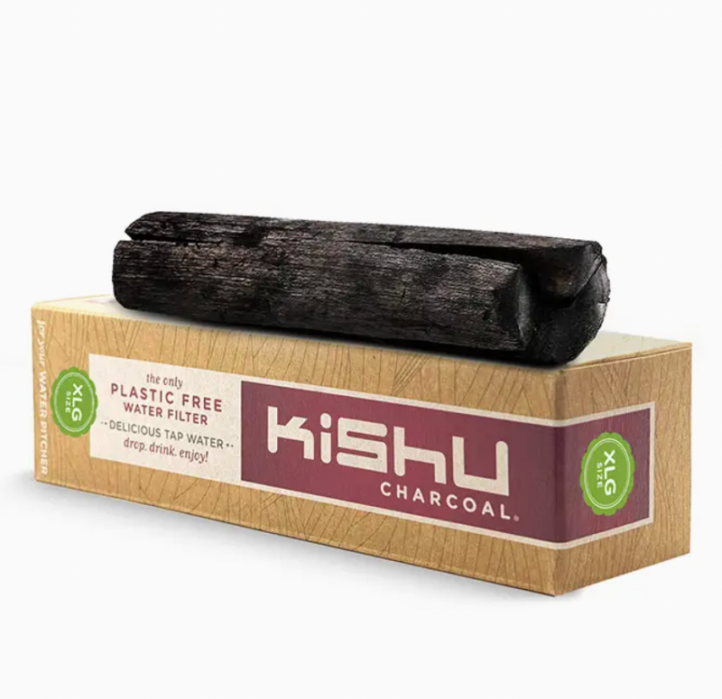 Kishu Charcoal packaging with two pieces of charcoal on a white background