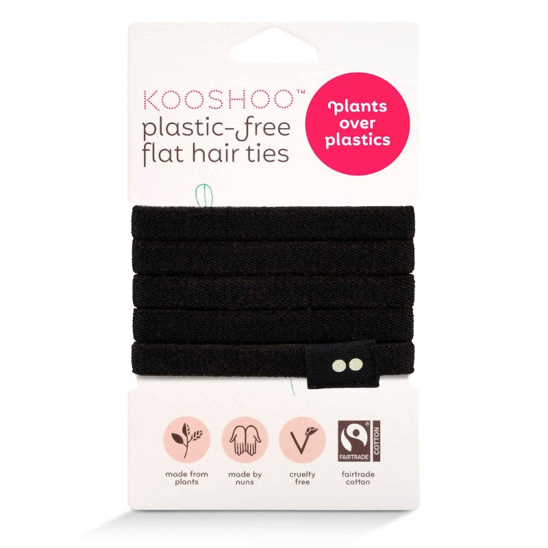A pack of KooShoo Biodegradable Hair Ties in all black, shown on white packaging that emphasizes their eco-friendly, plant-based, and plastic-free materials.