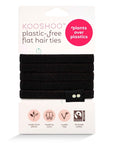 A pack of KooShoo Biodegradable Hair Ties in all black, shown on white packaging that emphasizes their eco-friendly, plant-based, and plastic-free materials.