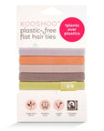 A pack of KooShoo Biodegradable Hair Ties in earthy springy shades, shown on white packaging that emphasizes their eco-friendly, plant-based, and plastic-free materials.