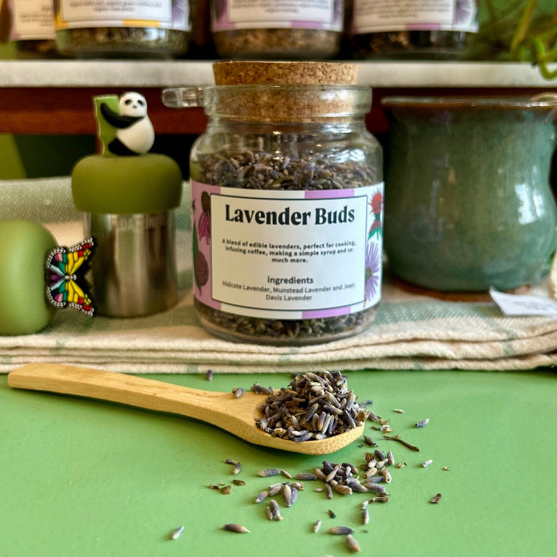 A refillable jar of lavender buds with a cork lid and an attachable spoon. 