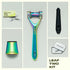 A flat lay of the leaf two razor kit in the color prism.  The image shows the contents of the Leaf two razor kit next to the razor is a 50 count refill pack, a matching prism stand, a silicone handle sleeve, and a recycling tin.