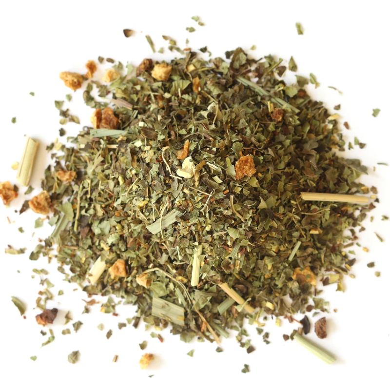 A small pile of loose leaf lemon blend tea. 