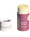 A tube of Sugar Plum lip balm in an eco friendly paper tube that is purple  and white. 