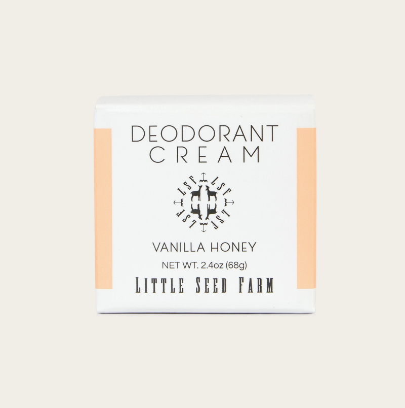 Little Seed Farm Deodorant Cream in Vanilla Honey is an organic, handmade deodorant from Tennessee. Packaged plastic-free in a white box with black text and a circular logo. Net wt: 2.4oz (68g).