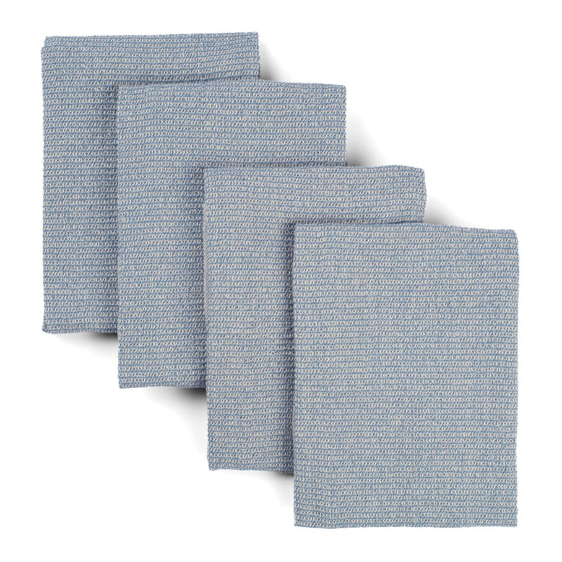 Four light blue waffle weave upcycled cotton towels lying on top of each other on a white background. 