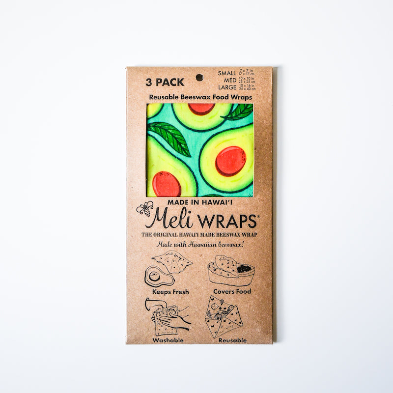 Pack of Meli Wraps reusable beeswax food wraps with avocado design on a white background