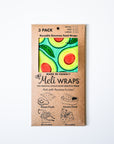 Pack of Meli Wraps reusable beeswax food wraps with avocado design on a white background