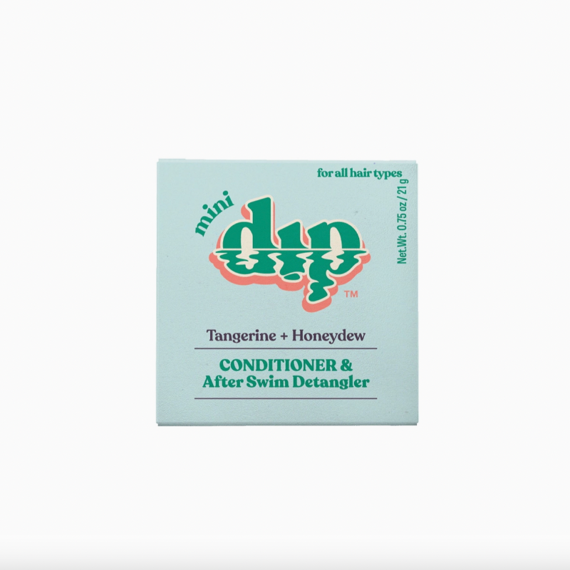 blue box of mini dip conditioner &amp; and after swim detangler on white background