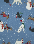 No Paper towel with a variety of dogs wearing scarves and hats in holiday colors  playing in a snow scene with snowmen on a light blue background. 