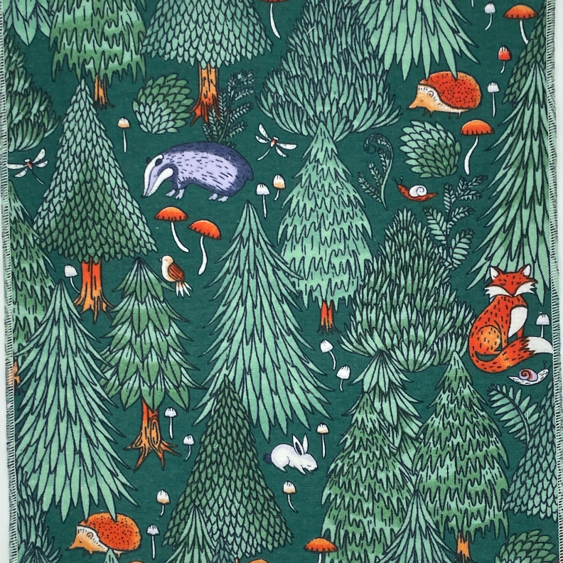 No Paper towel with an evergreen forest scene pattern. There are foxes, bunnies, badgers, bugs, and mushrooms on a dark green background.