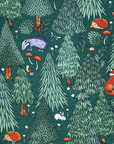 No Paper towel with an evergreen forest scene pattern. There are foxes, bunnies, badgers, bugs, and mushrooms on a dark green background.