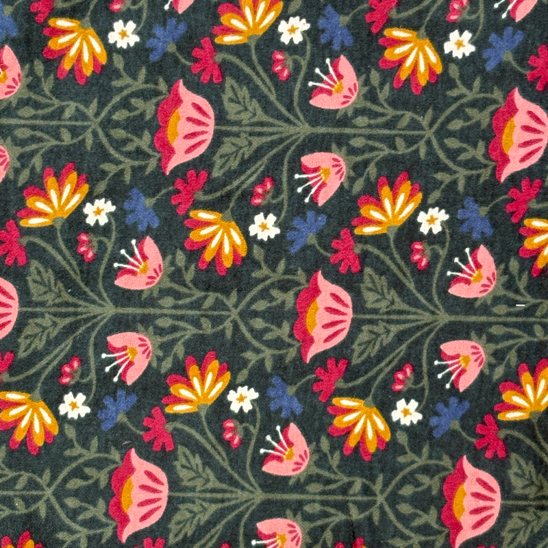 The Forest Floral Paperless Towel Pattern with Pink, Orange, and Blue Flowers on a dark green background. 