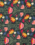 The Forest Floral Paperless Towel Pattern with Pink, Orange, and Blue Flowers on a dark green background. 