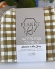 Green gingham patterned paperless towels with Planet B Paperless Towels packaging on a light background