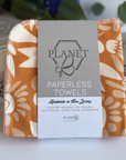 A pack of Planet B paperless towels in the Retro birds and flowers pattern featuring an orange floral design.