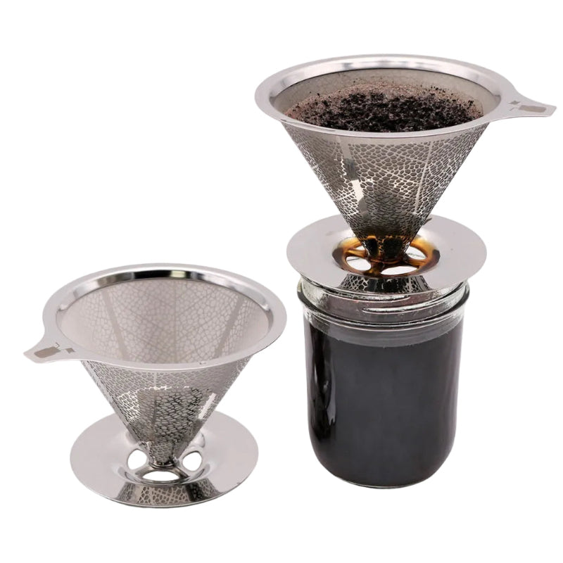 Two Stainless steel pourover coffee filters. One sits on a wide mouth mason jar full of freshly brewed coffee. 
