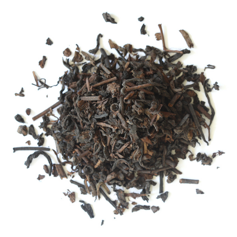 Loose-leaf Puerh Tea by Mountain Rose Herbs, featuring tea leaves and stems on a white background, with small tea pieces scattered around.