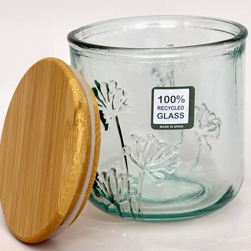 Floral glass jar with a wooden lid and '100% Recycled Glass' label on a white background