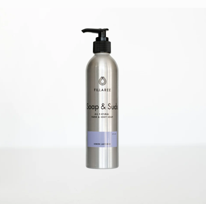 Silver bottle of Fillaree Soap & Suds on a white background