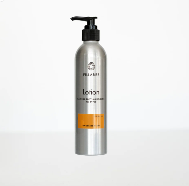 Silver lotion bottle with pump and 'FILLAREE' branding on a white background