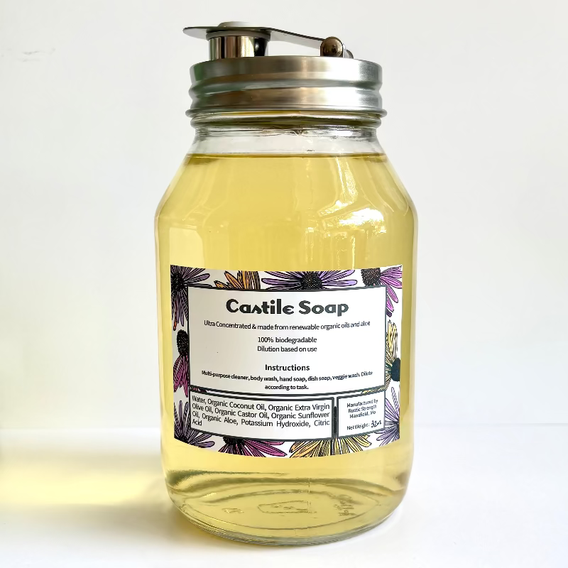 Jar of Castile soap with a label on a white background
