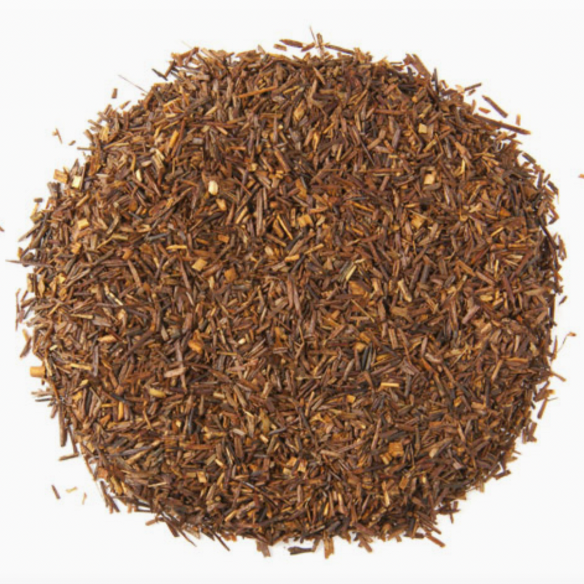 A close up of loose rooibos tea on a white background. 