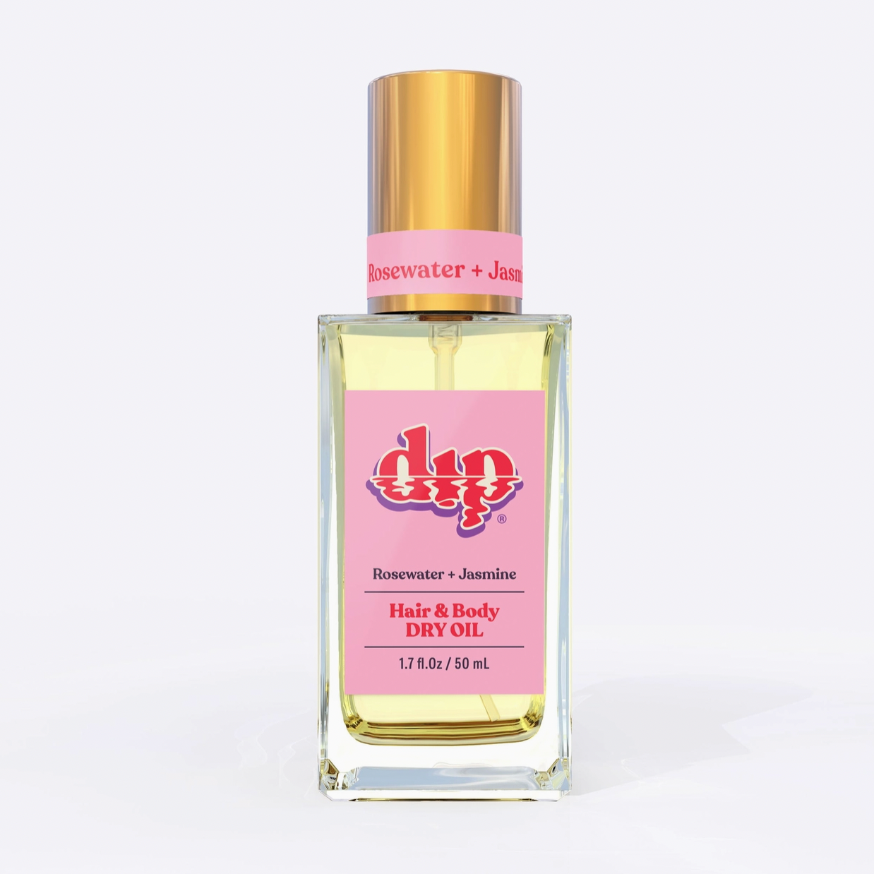 Square glass bottle with gold top and pink label says rosewater jasmine hair and body oil on white background.