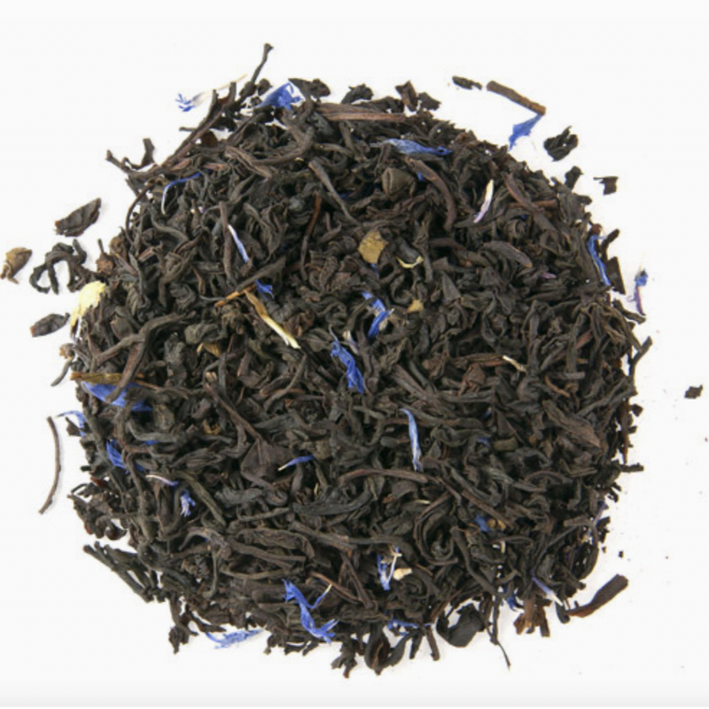 Loose Leaf Tea Co. Earl Grey features loose black tea leaves with blue flower petals, offering a creamy, classic flavor that’s perfect for enjoying all day.