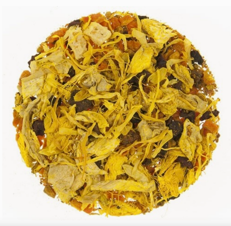 A circular pile of Glow Herbal Tea by Loose Leaf Tea Co. features yellow flower petals, light fruit pieces, and small dark bits, all displayed on a white background.