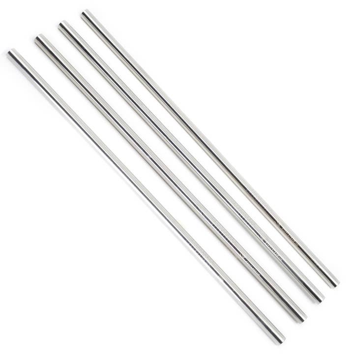Four Straight Stainless Steel Metal Straws on a white background.