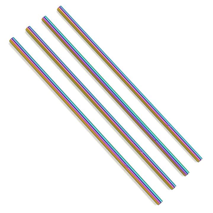 Four Straight Stainless Steel Metal Straws with a rainbow finish on a white background.
