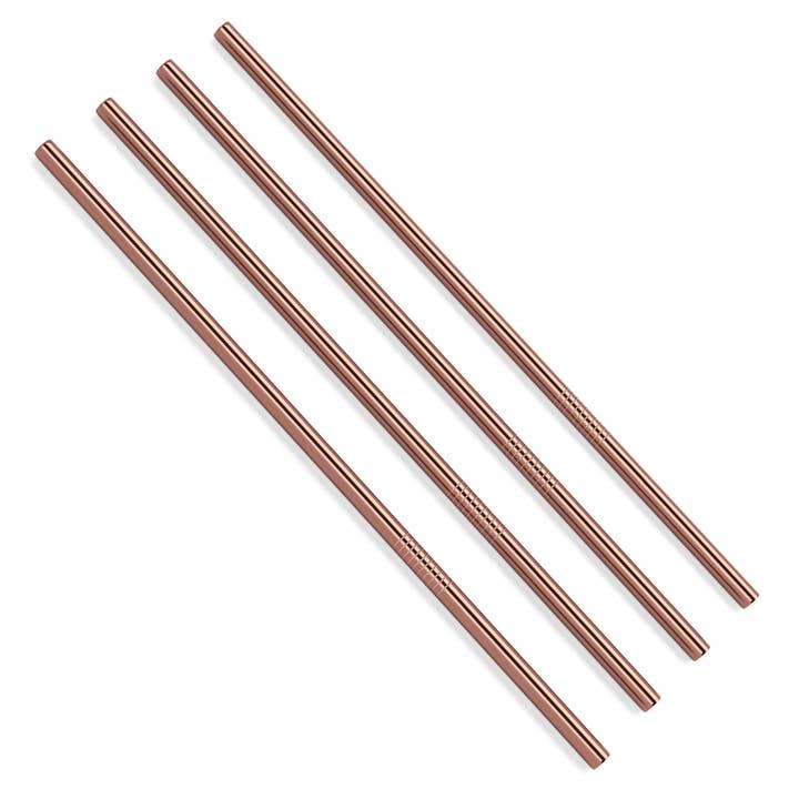Four Straight Stainless Steel Metal Straws with a rose gold finish on a white background.