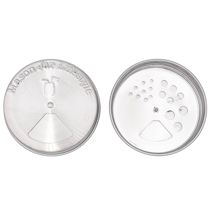 The front and back of the stainless steel mason jar spice lids on a white background. 