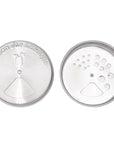 The front and back of the stainless steel mason jar spice lids on a white background. 