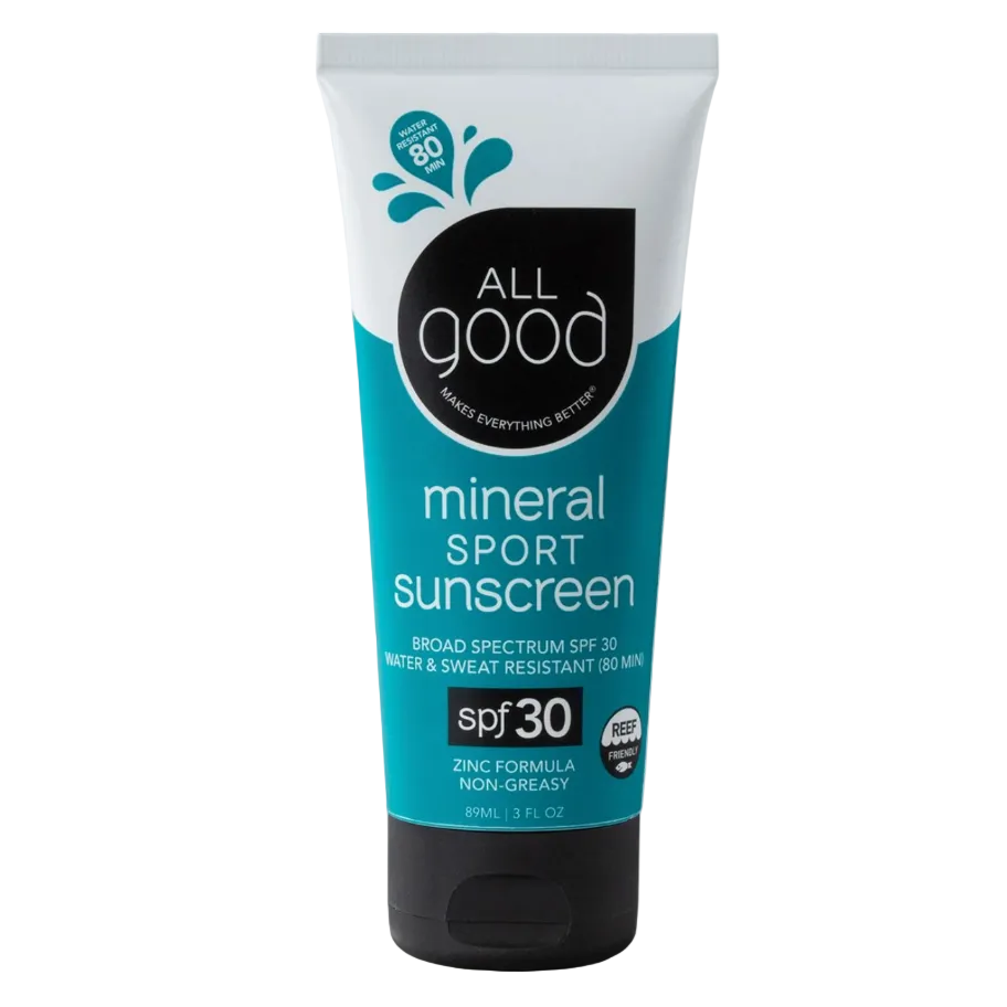 Tube of All Good mineral sport sunscreen on a white background