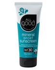 Tube of All Good mineral sport sunscreen on a white background