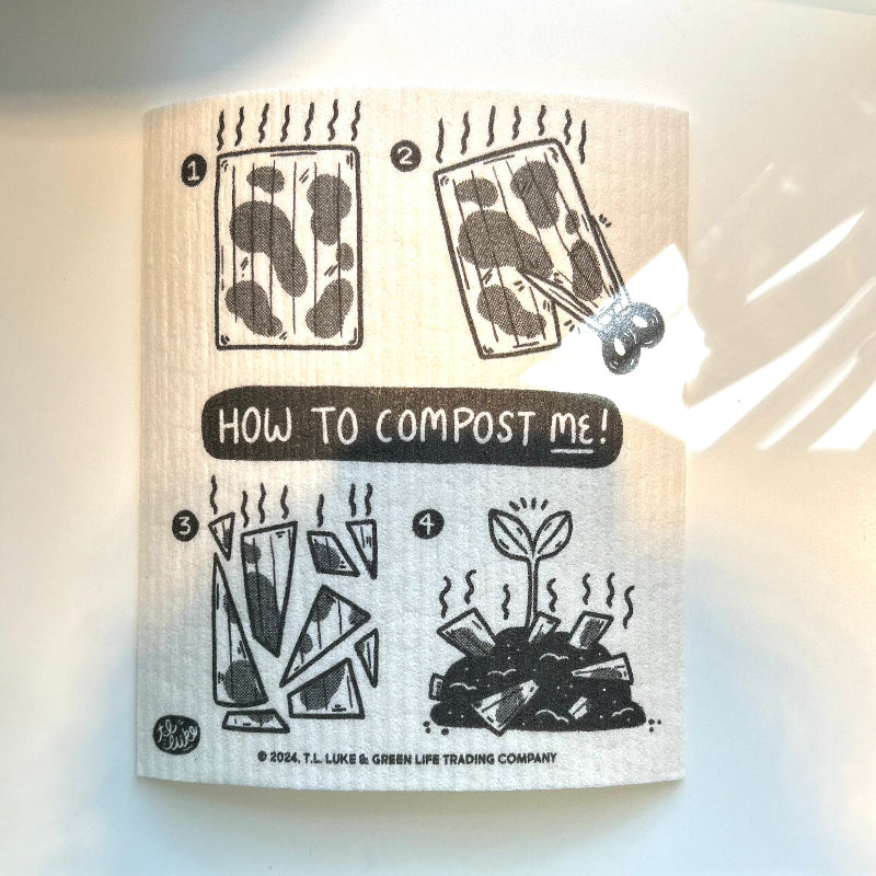 Potluck Press’s Swedish Dishcloth makes composting easy in four steps: place food scraps on the dishcloth, chop them, add to your compost pile, and watch seedlings grow from nutrient-rich compost.