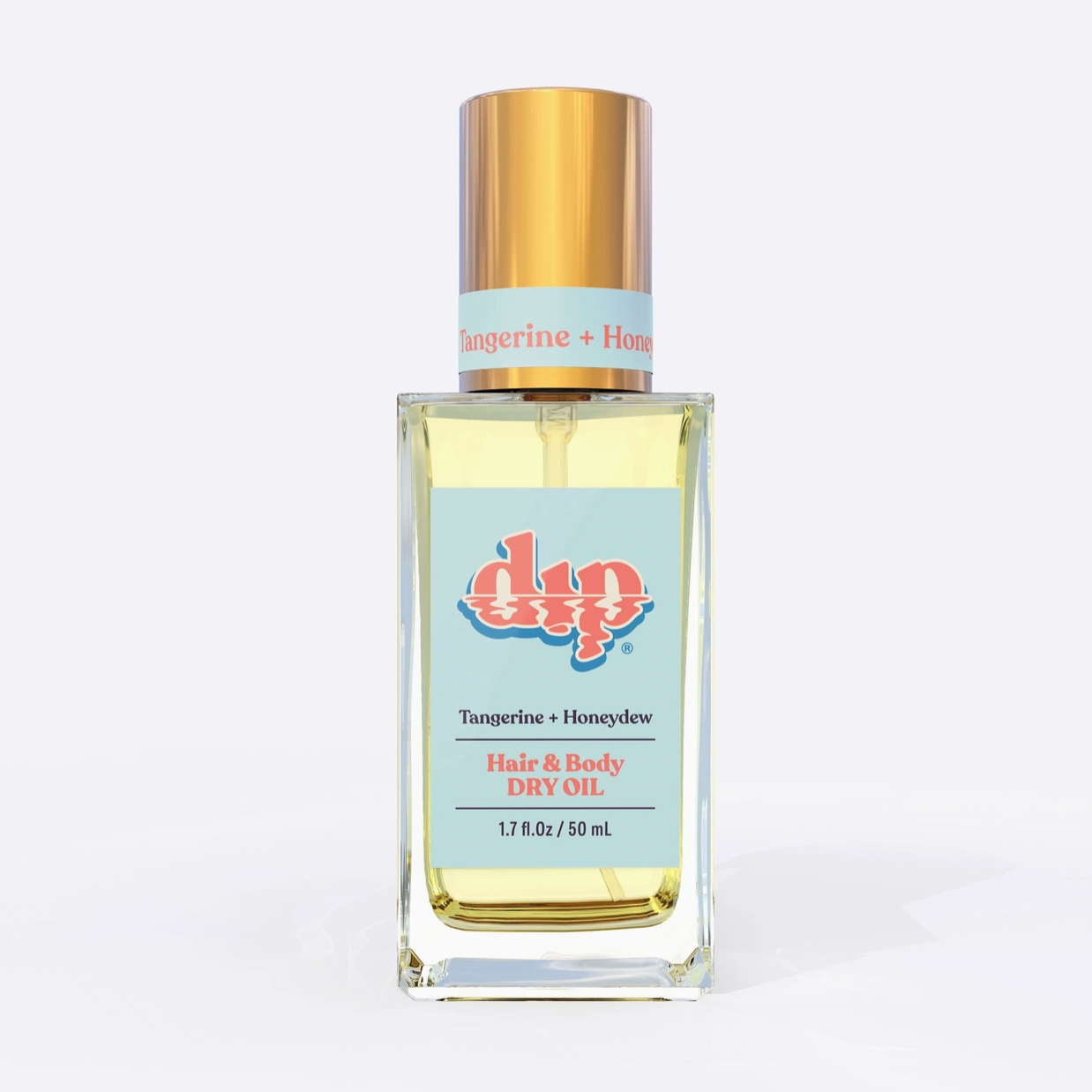 Square glass bottle with gold lid and blue label tangerine honeydew hair and body dry oil on white background. 