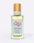 Square glass bottle with gold lid and blue label tangerine honeydew hair and body dry oil on white background. 