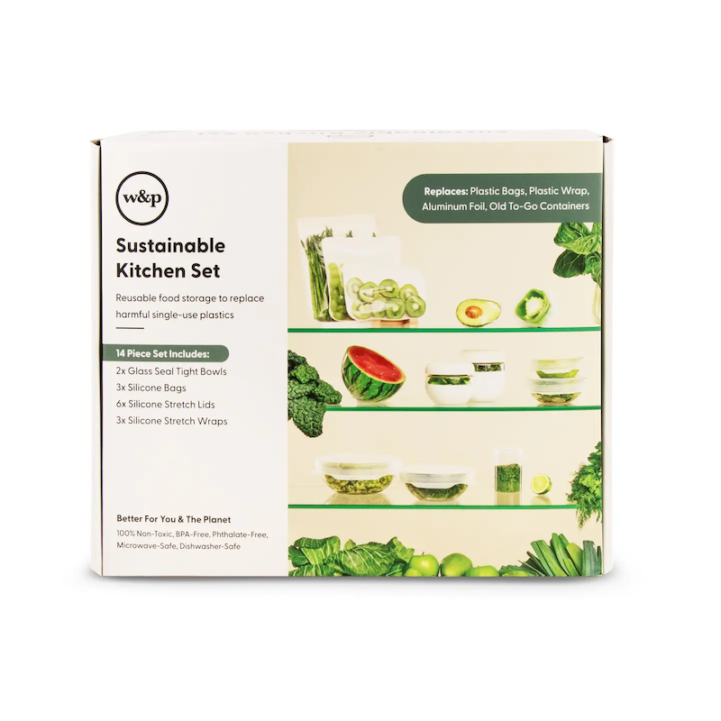 The Sustainable kitchen set packaged in its box on a white background.