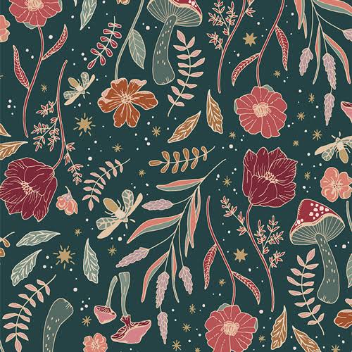 A floral and mushroom pattern on a dark green background. 