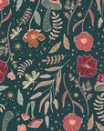 A floral and mushroom pattern on a dark green background. 