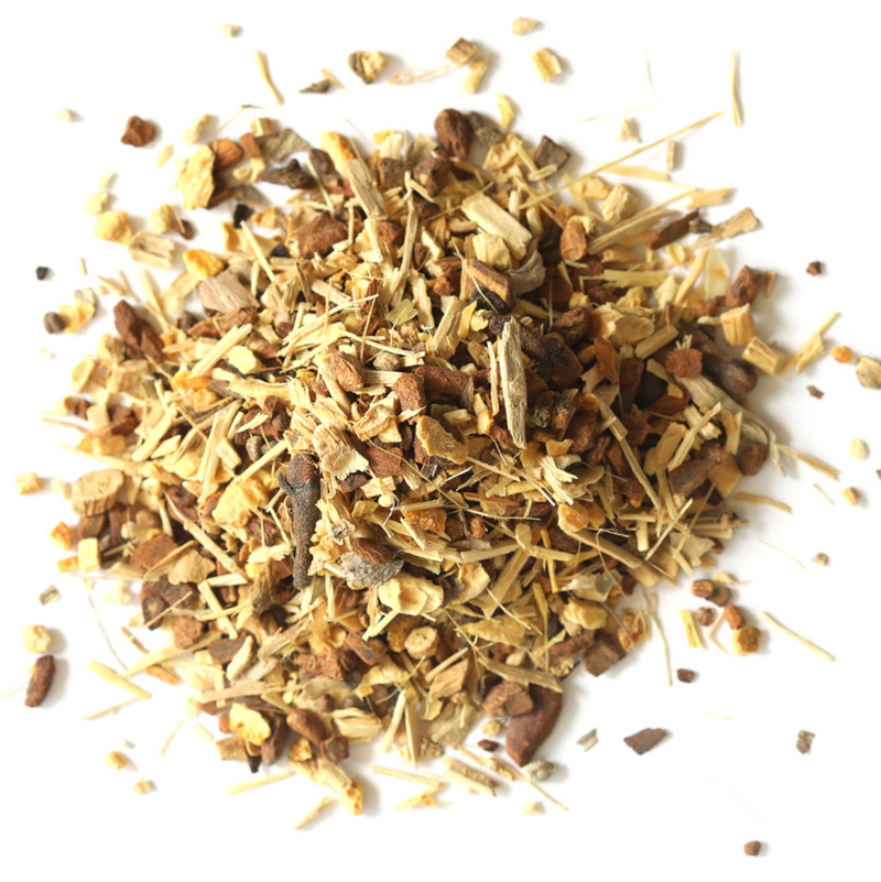 A blend of brown and tan dried herbs and roots from Mountain Rose Herbs Winter Spice Herbal Tea, scattered on a white background.