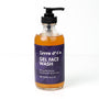 A clear bottle with a black pump, labeled Zerra & Co. Gel Face Wash, contains orange gel face wash ideal for fragrance-free skincare routines.